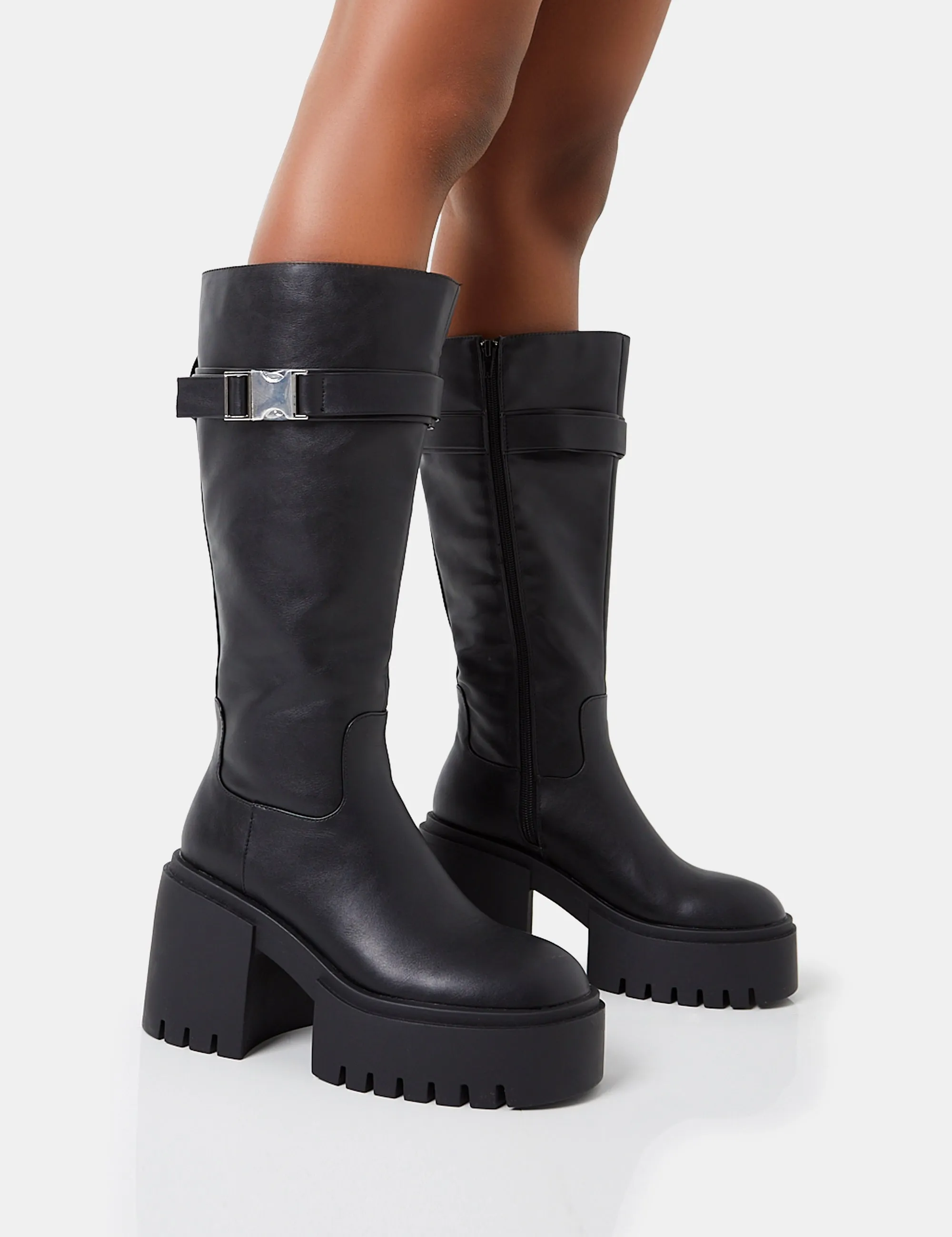 Alaska Wide Fit Black Pu Rounded Toe Chunky Soled Block Heel Knee High Boots