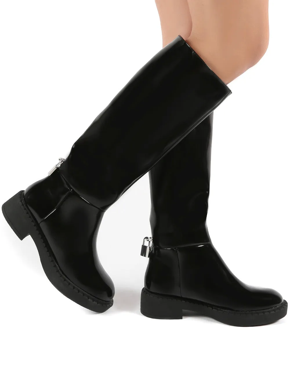 Alias Black Smooth PU Lock Detail Riding Boots