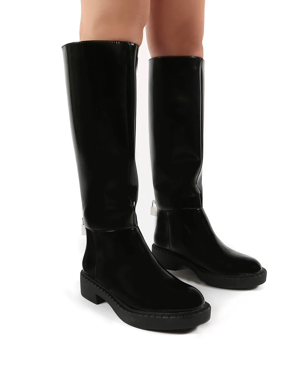 Alias Black Smooth PU Lock Detail Riding Boots