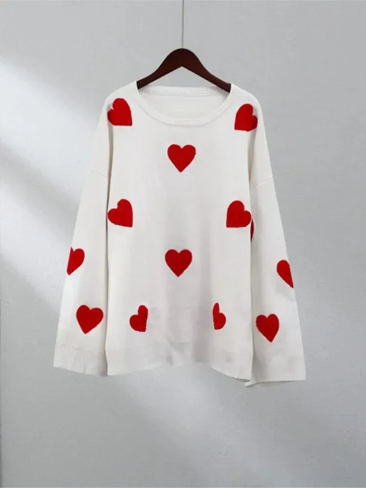 Autumnal Oversized Cozy Heart-printed Casual Comfortable Thickened Long Sleeve Stylish Warm Sweater