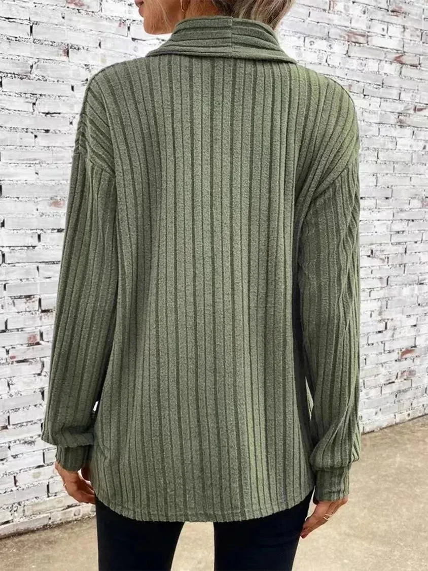 Autumnal Winter Cozy Long Sleeve Loose Plain Casual Comfortable H-line Ribbed Soft Stylish Sweater