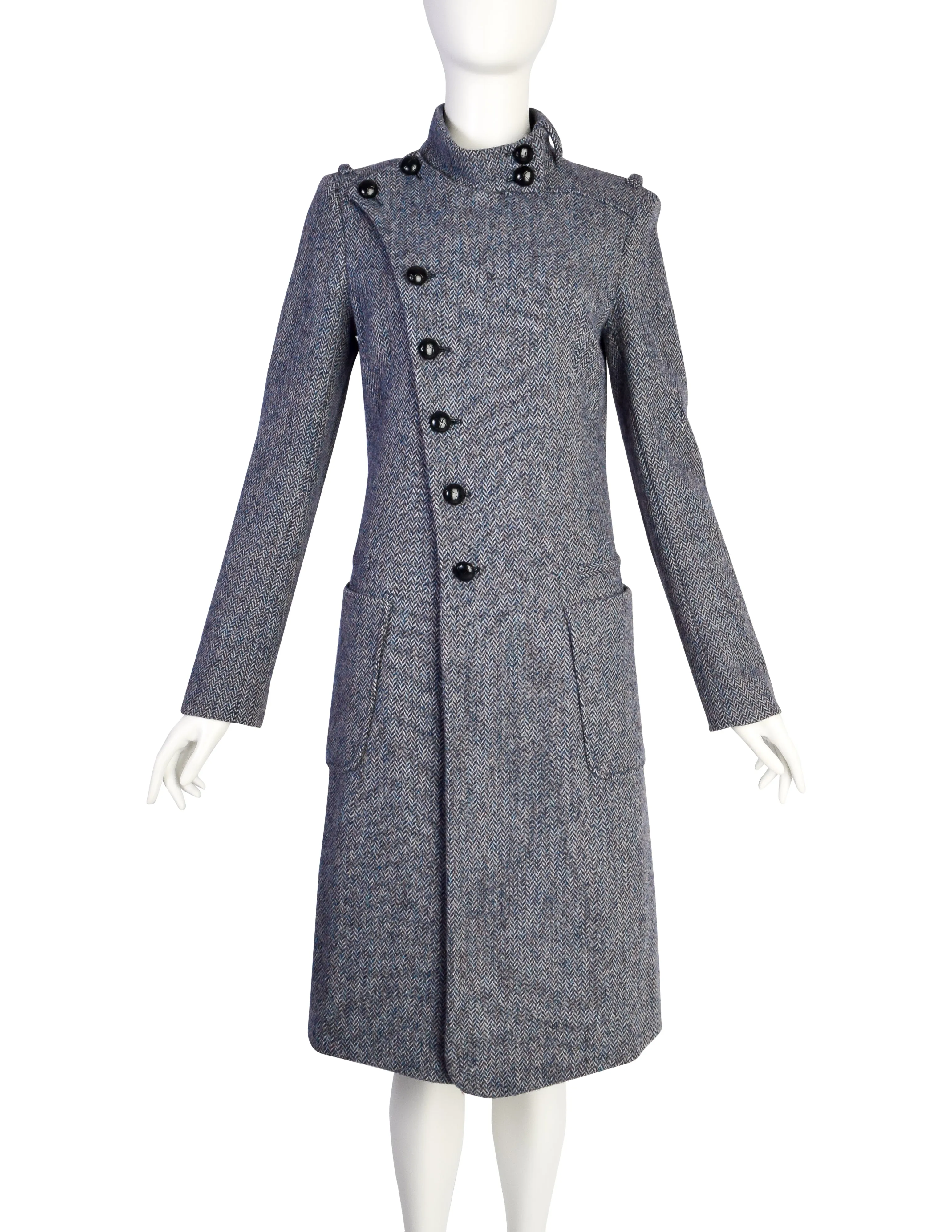 Balenciaga by Nicolas Ghesquière Vintage 2005 Blue Herringbone Tweed Coat