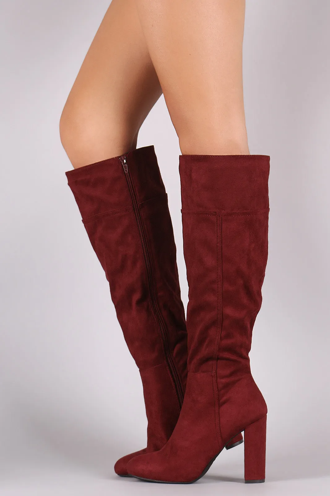 Bamboo Plain Suede Chunky Heeled Knee High Boots