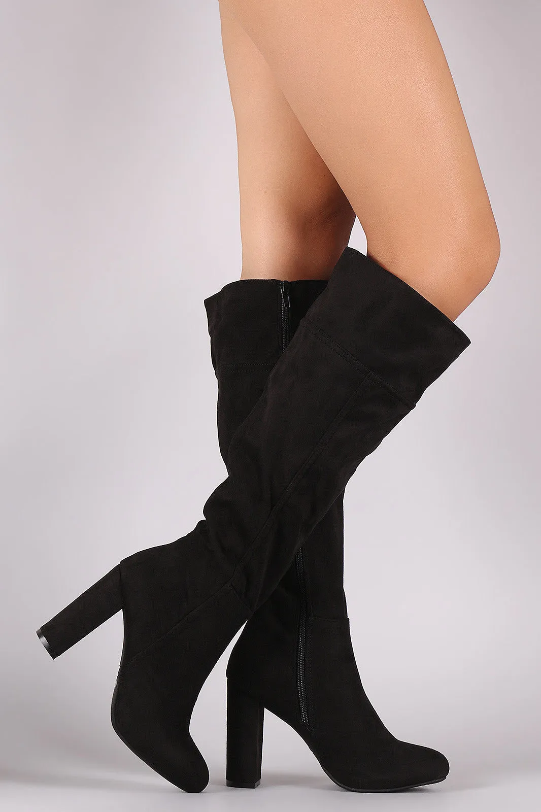 Bamboo Plain Suede Chunky Heeled Knee High Boots