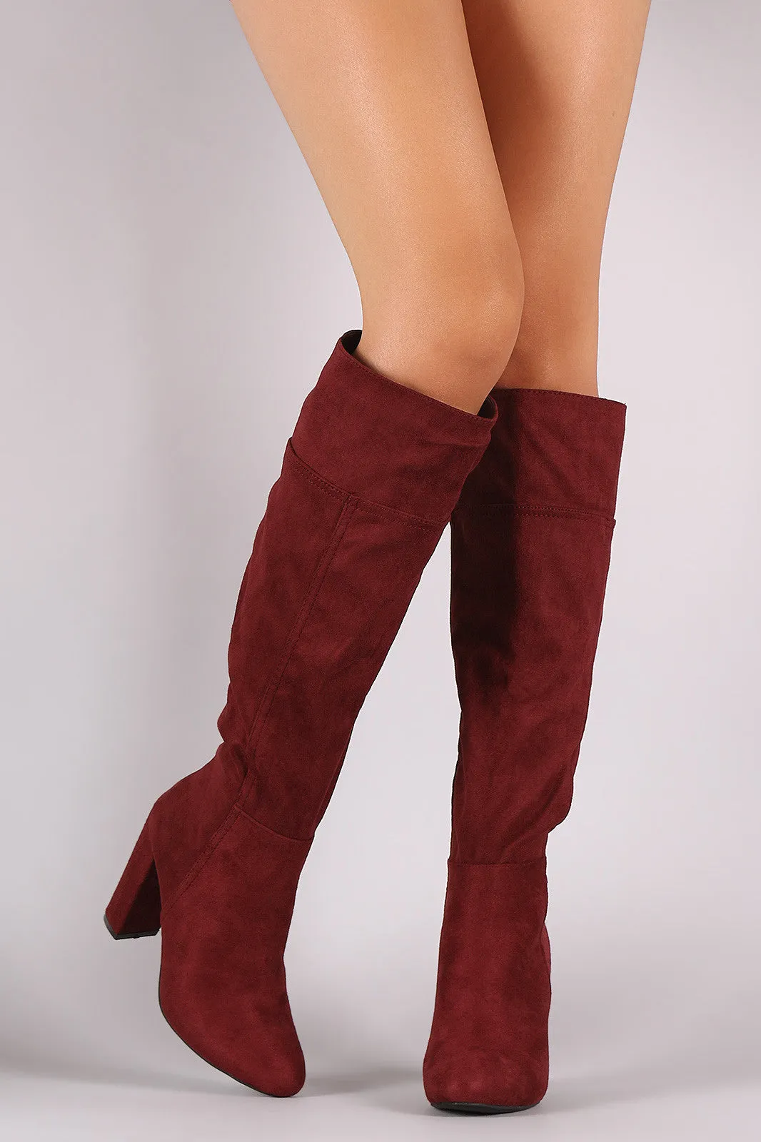 Bamboo Plain Suede Chunky Heeled Knee High Boots