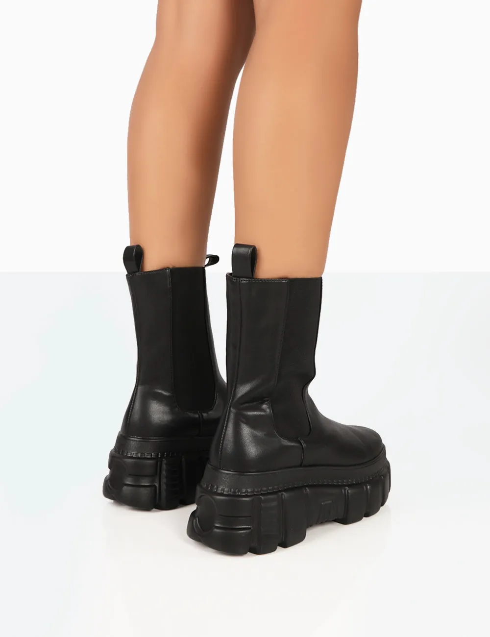 Banner Black PU Chunky Sole Ankle Boots