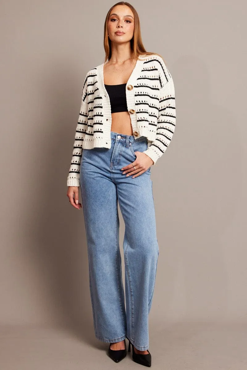 Beige Stripe Oversized Knit Cardigan V Neck Stripe