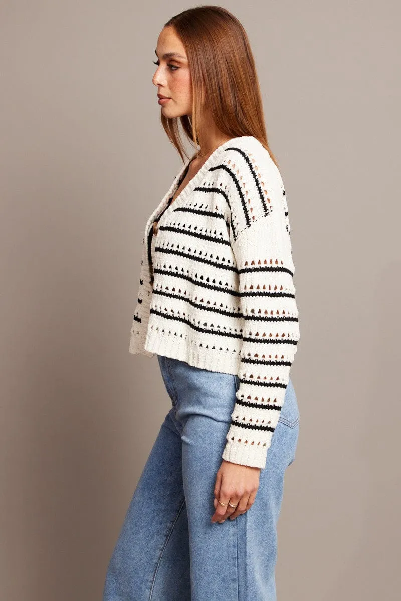 Beige Stripe Oversized Knit Cardigan V Neck Stripe