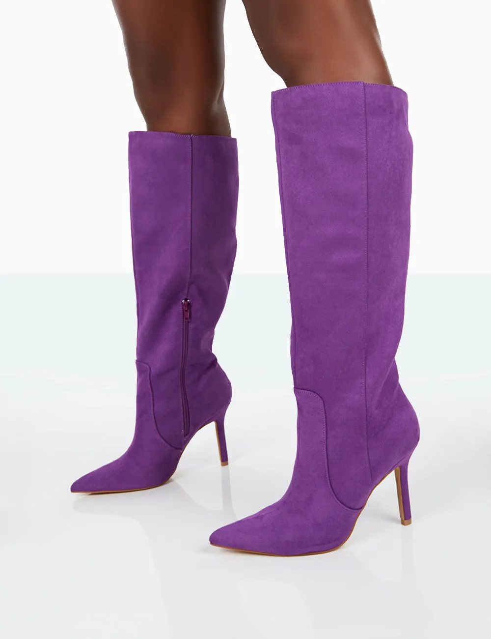 Best Believe Purple Faux Suede Pointed Toe Stiletto Heeled Knee High Boots