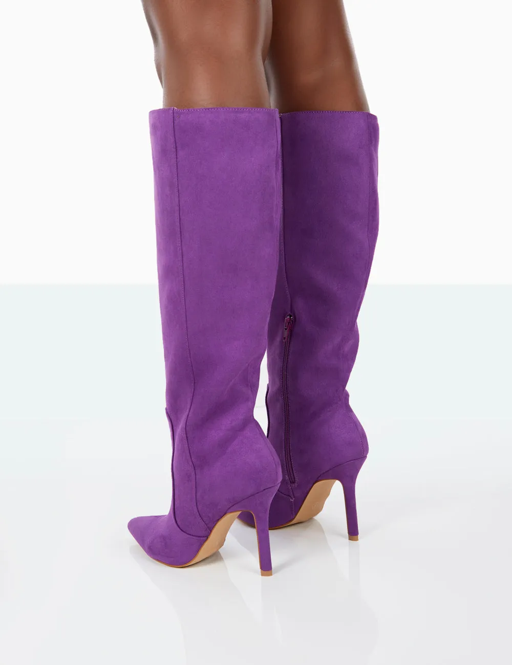 Best Believe Purple Faux Suede Pointed Toe Stiletto Heeled Knee High Boots