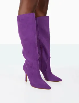 Best Believe Purple Faux Suede Pointed Toe Stiletto Heeled Knee High Boots