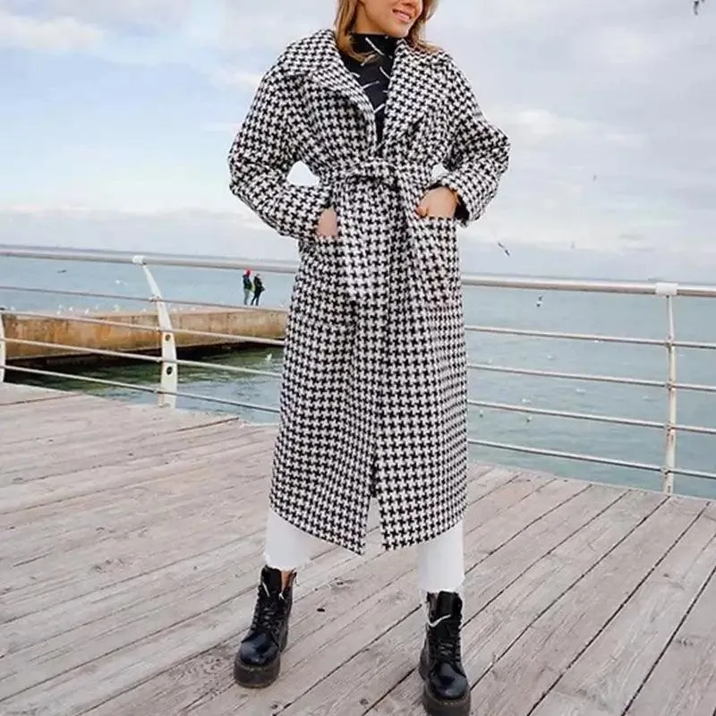 Black and white plaid wool coat