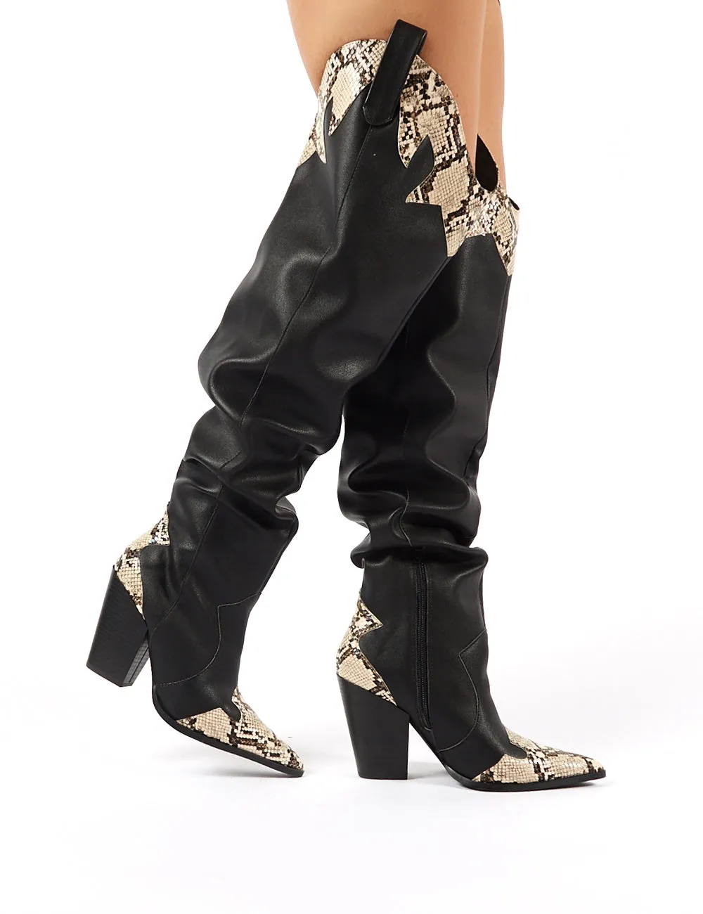 Brandy Black Western Block Heeled Knee High Boots