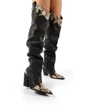 Brandy Black Western Block Heeled Knee High Boots