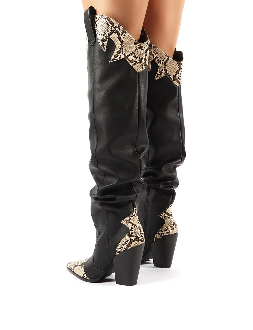 Brandy Black Western Block Heeled Knee High Boots