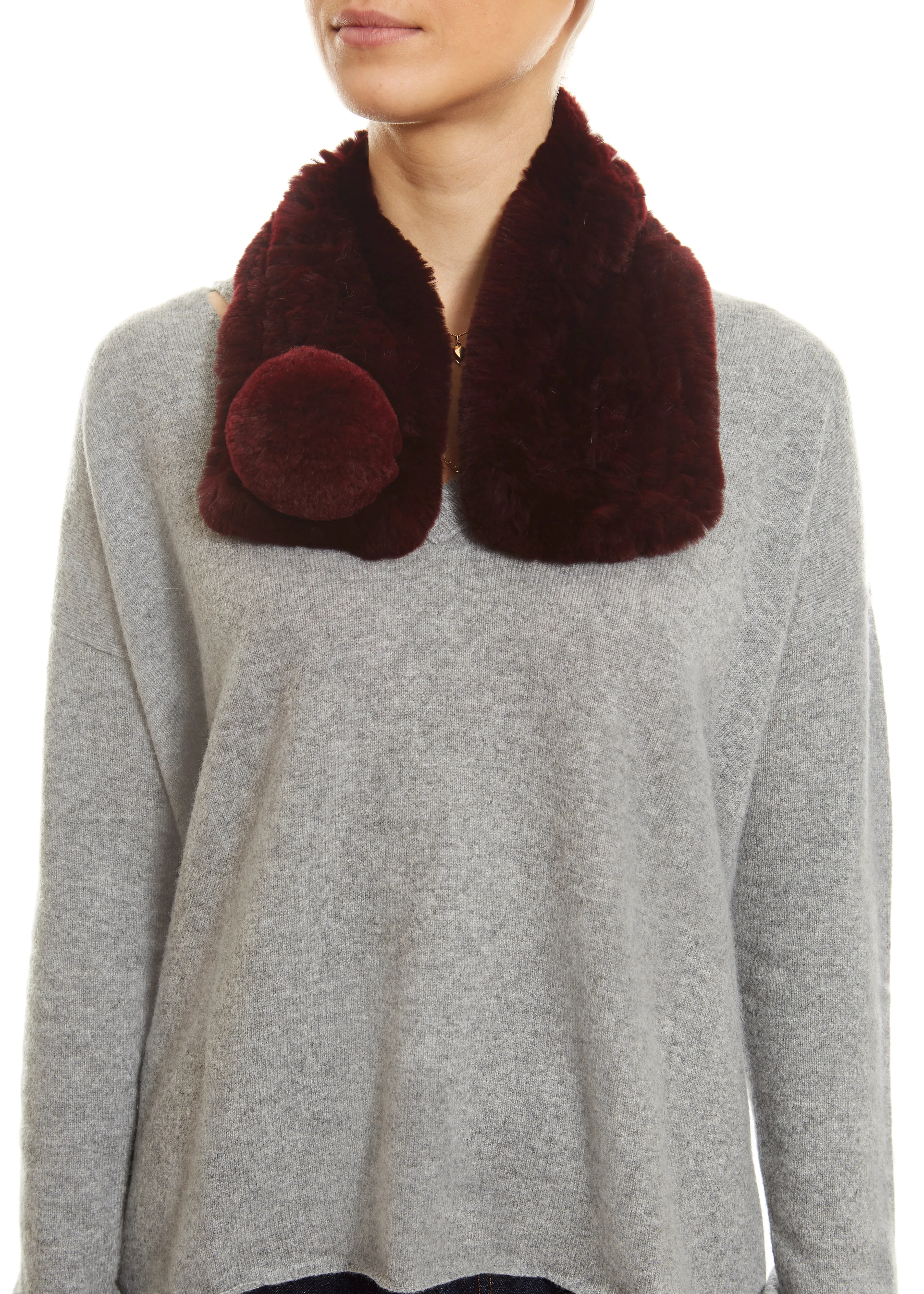 Burgundy Bobble Knitted Rabbit Luxury Fur Scarf