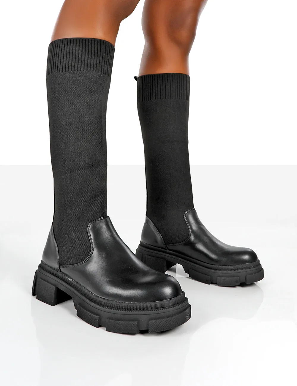 Carm Black Knit Knee High Chunky Sole Boots