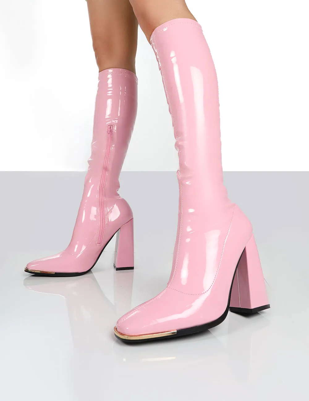 Caryn Pink Patent Knee High Heeled Boots