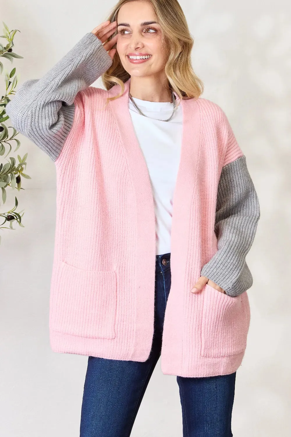 Contrast Open Front Cardigan with Pockets