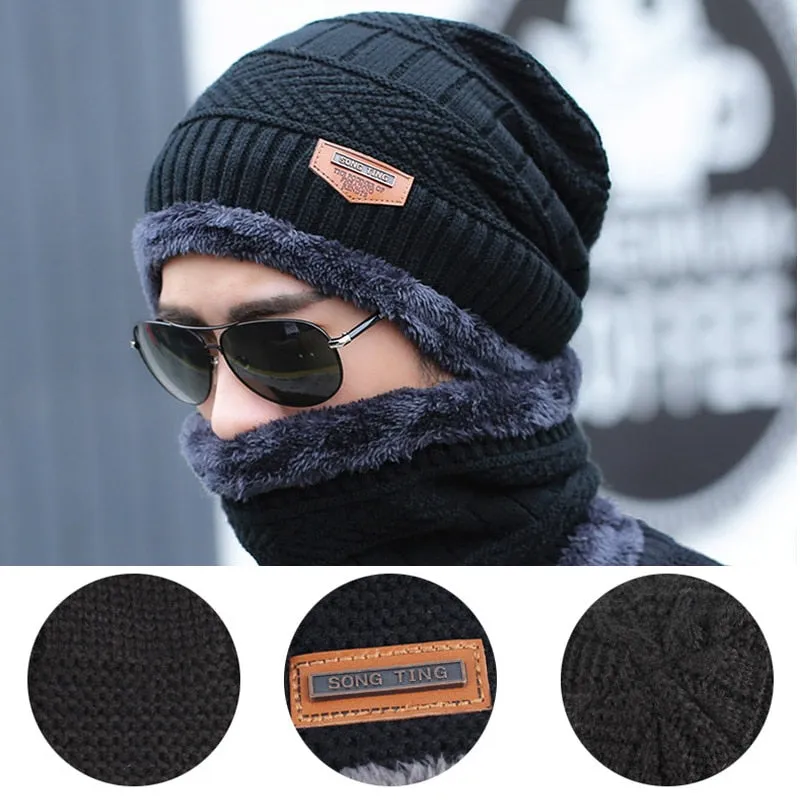 Coral Fleece Scarf Winter Hat Soft Men's Beanie Warm Hat gorras hombre Knit Letter Double Layer Cap bone masculino