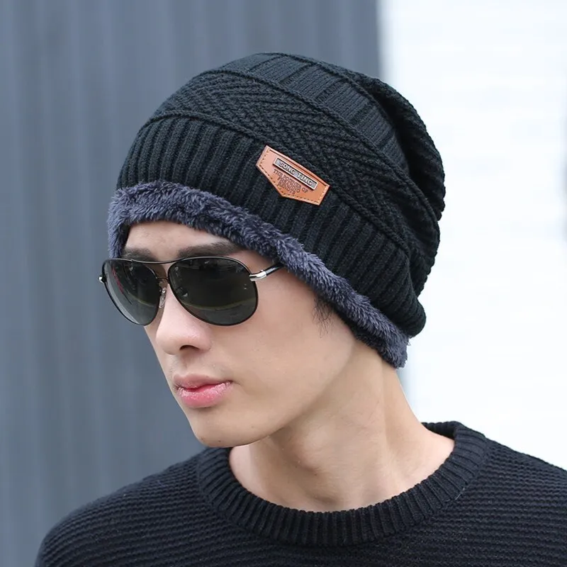 Coral Fleece Scarf Winter Hat Soft Men's Beanie Warm Hat gorras hombre Knit Letter Double Layer Cap bone masculino