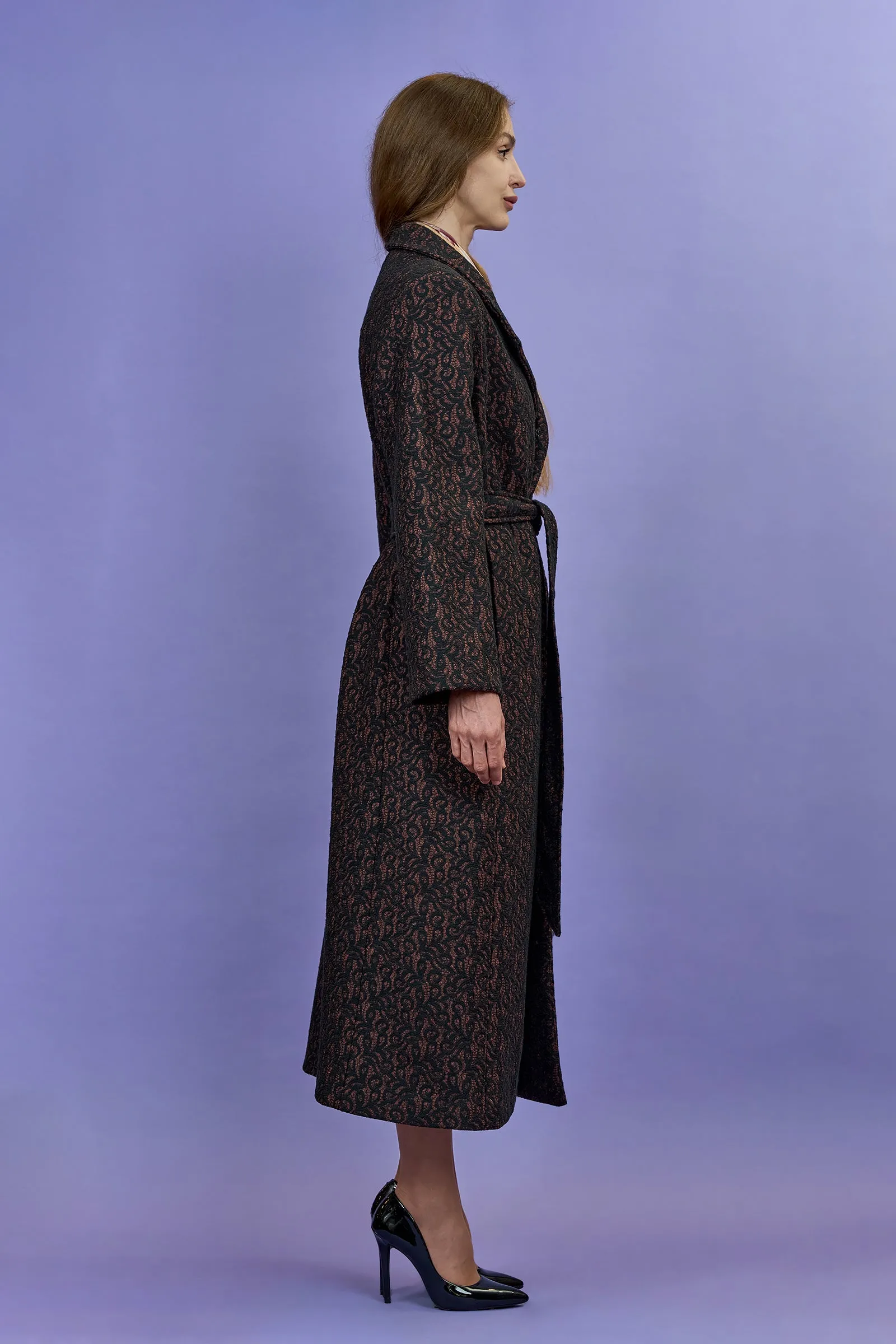 COUTURE VENICE LACE Black Mauve Belted Long Coat