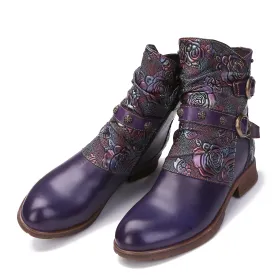 CrazycatZ Womens Ankle Boots Block Heel Leather Western Boots Colorful Leather Boots Purple