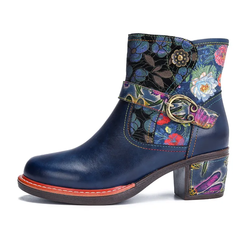 CrazycatZ Womens  Boots Floral Block Heel Leather Western Boots Colorful Leather Boots Navy