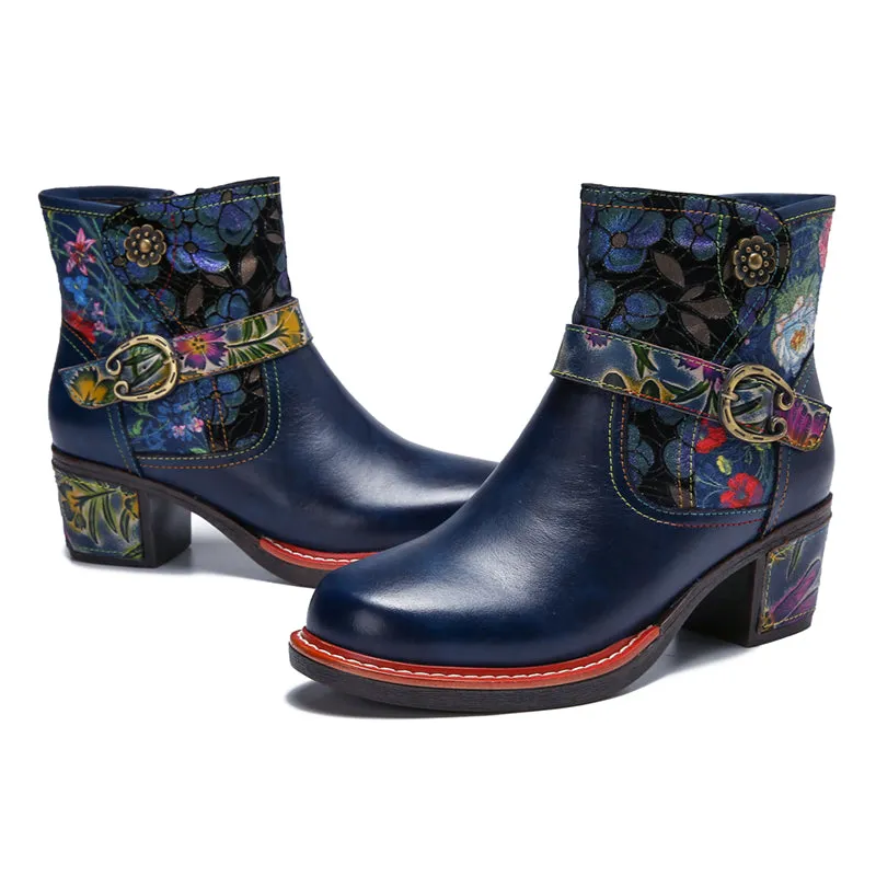 CrazycatZ Womens  Boots Floral Block Heel Leather Western Boots Colorful Leather Boots Navy