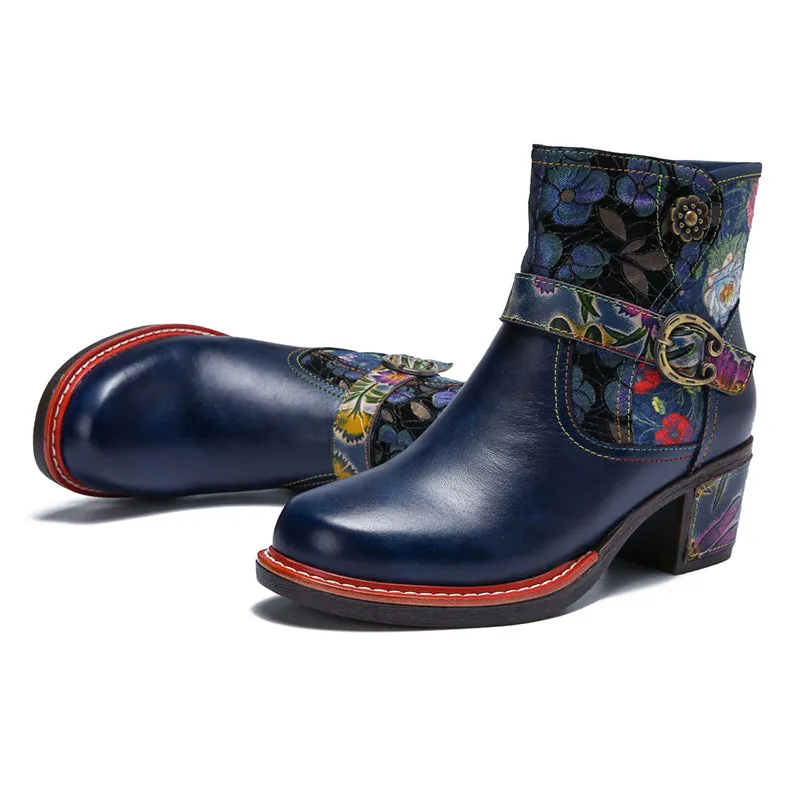 CrazycatZ Womens  Boots Floral Block Heel Leather Western Boots Colorful Leather Boots Navy