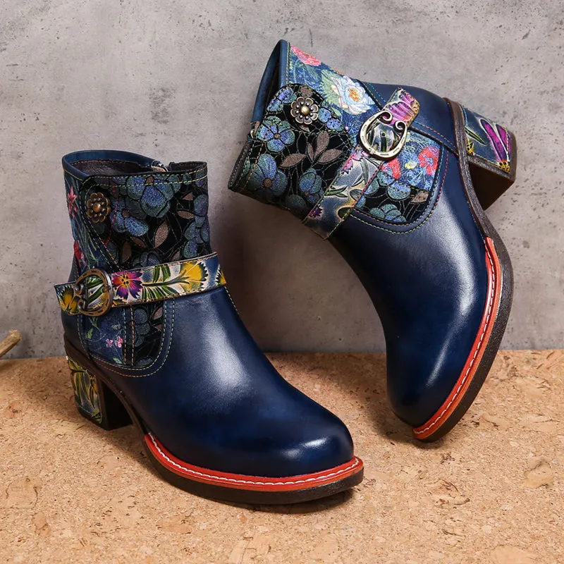 CrazycatZ Womens  Boots Floral Block Heel Leather Western Boots Colorful Leather Boots Navy