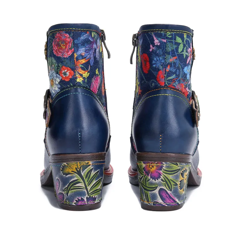 CrazycatZ Womens  Boots Floral Block Heel Leather Western Boots Colorful Leather Boots Navy