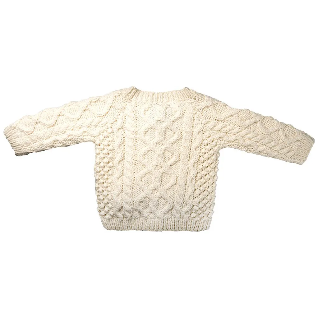 Crew Neck Aran Sweater for Kids with Button Collar