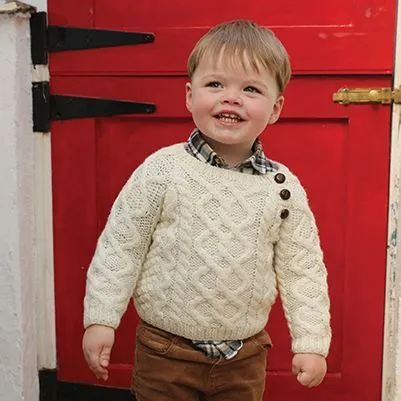 Crew Neck Aran Sweater for Kids with Button Collar