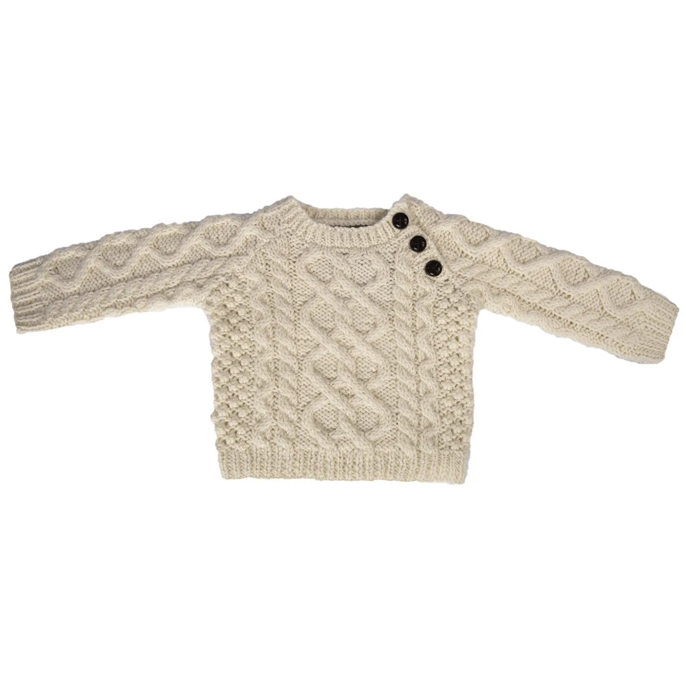 Crew Neck Aran Sweater for Kids with Button Collar