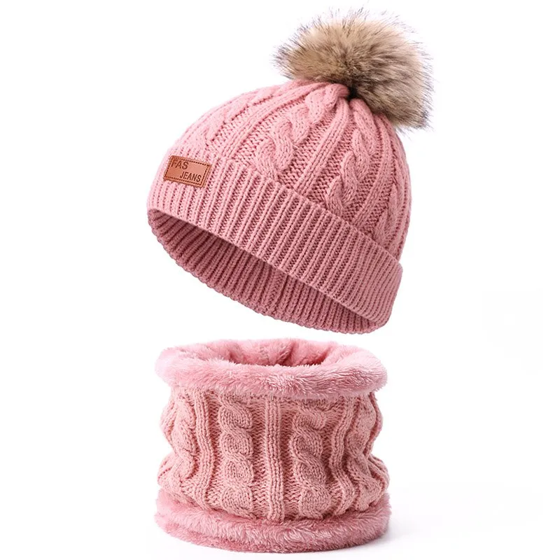 Cute Hat Scarf Set Beanie Cap Children's Hats Girls Fake Ball Pompon Twist Plush Keep Warm Winter Knitted Skullies Kids Bone