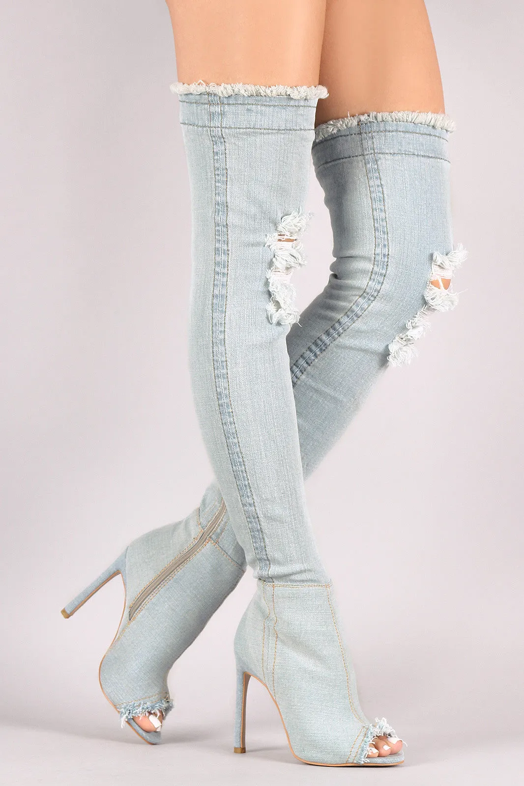 Distressed Denim Stiletto Over-The-Knee Boots