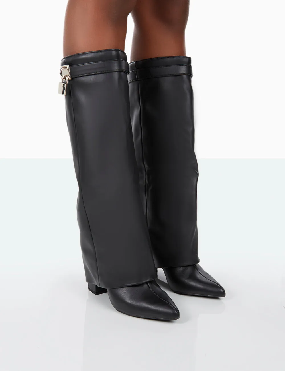 Echo Black Grain Pu Pointed Toe Knee High Block Boots