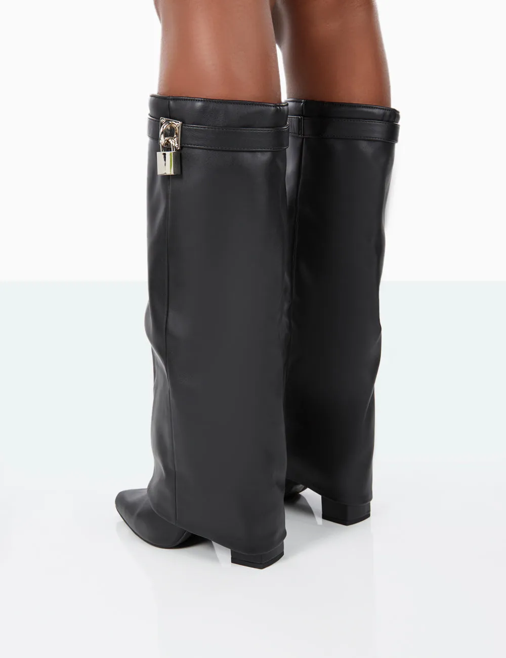 Echo Black Grain Pu Pointed Toe Knee High Block Boots