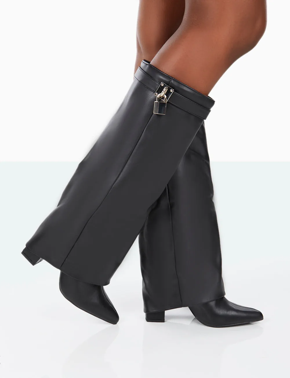 Echo Black Grain Pu Pointed Toe Knee High Block Boots