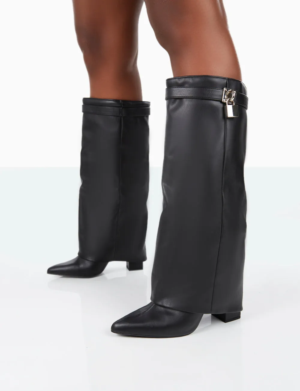 Echo Black Grain Pu Pointed Toe Knee High Block Boots