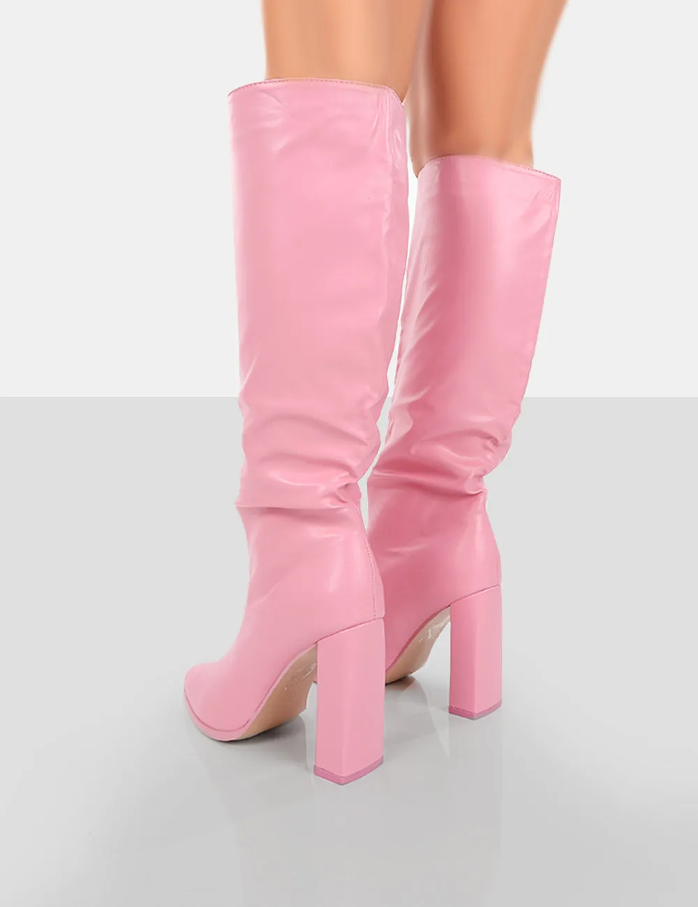 Far Away Pink Grain PU Square Toe Knee High Block Boots