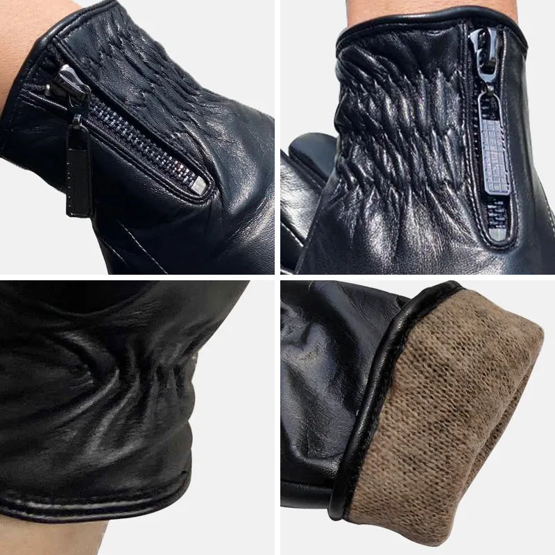 HighShine Men's Genuine Leather Gloves Male Soft Lambskin Cashmere Lined Warm Winter Touch Screen Gloves Side zipper