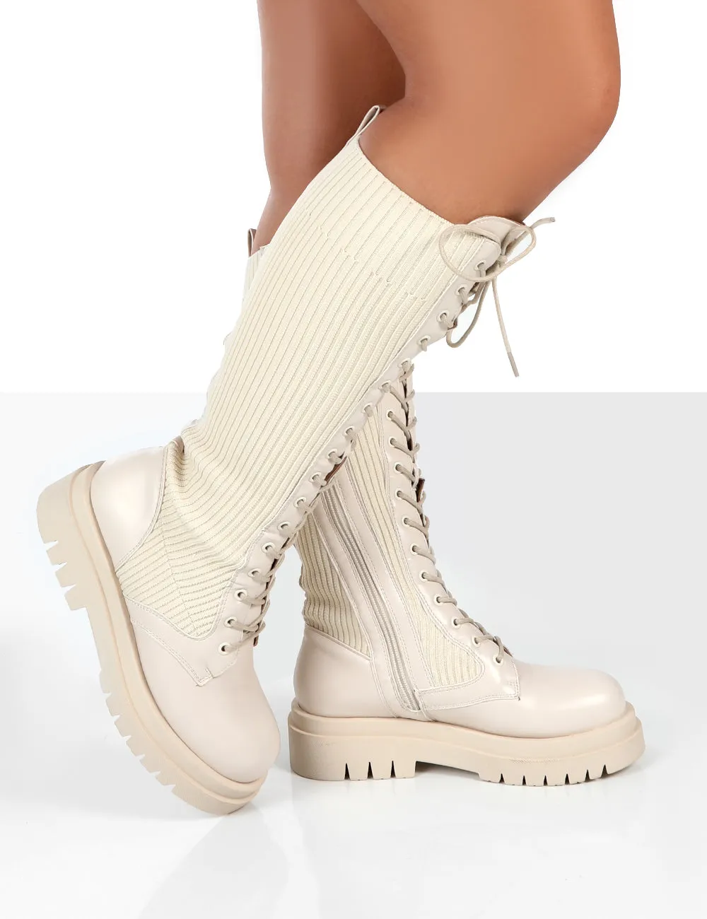 Joslyn Beige Knee High Chunky Lace Up Boots