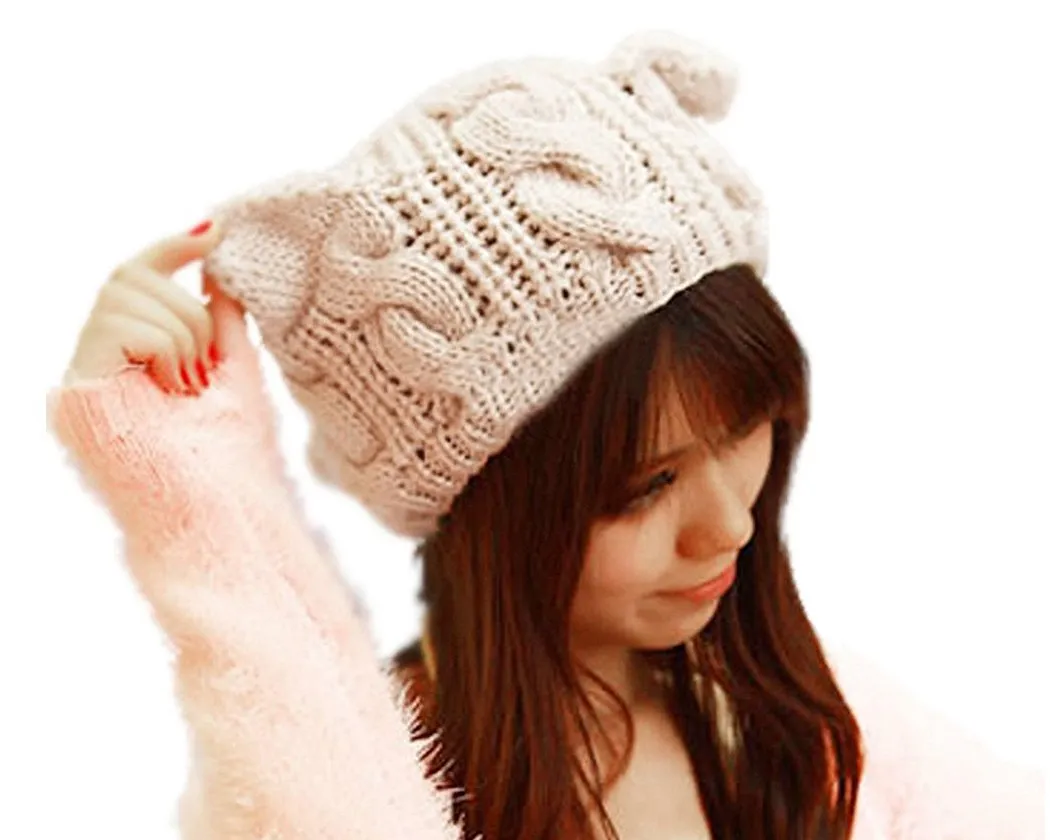 Korean Style Women Winter Cat Ear Knit Hat - Beige