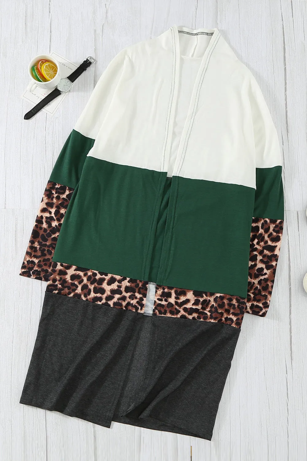 Leopard Color Block Open Front Longline Cardigan