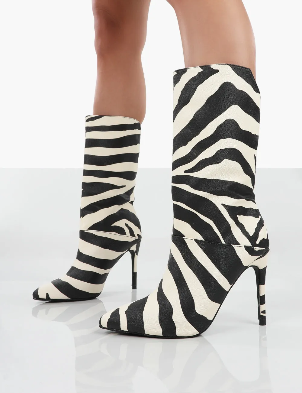 Lisel Zebra PU Pointed Toe Stiletto Heeled Ankle Boots