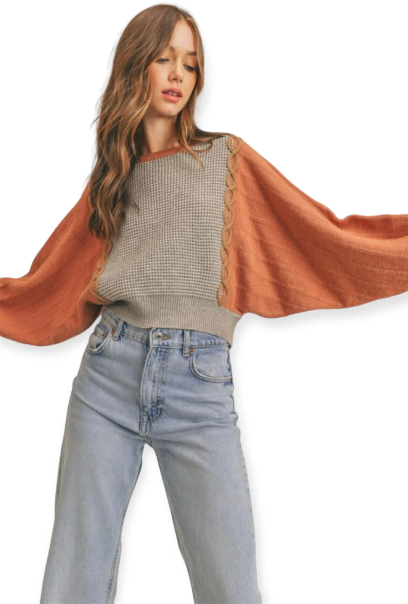 Mixed Knit Batwing Sweater- Copper