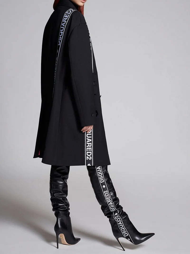 Oversize Logo Bands Wool Blend Cady Coat