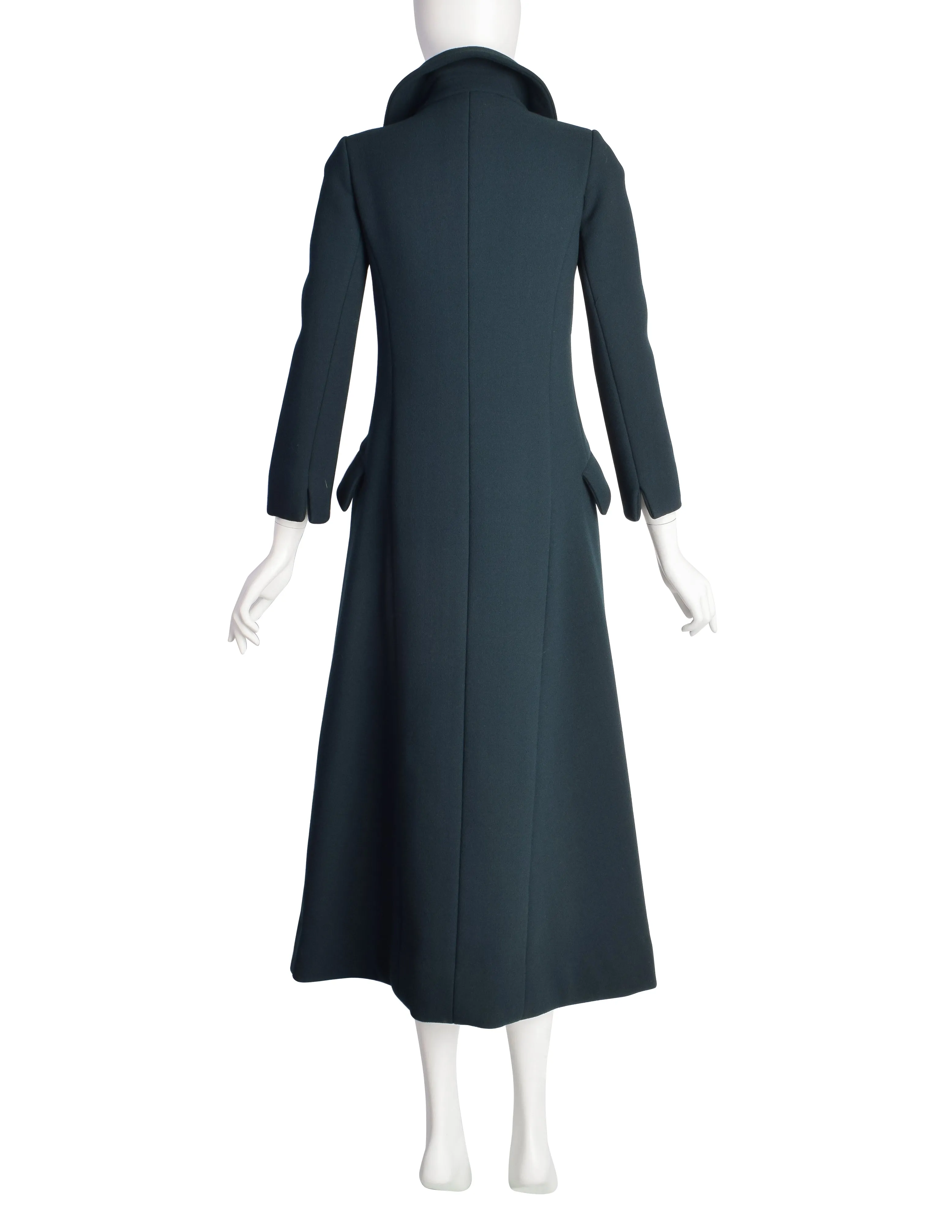 Pauline Trigere Vintage 1960s Mod Deep Green Wool Structured Full Length Coat